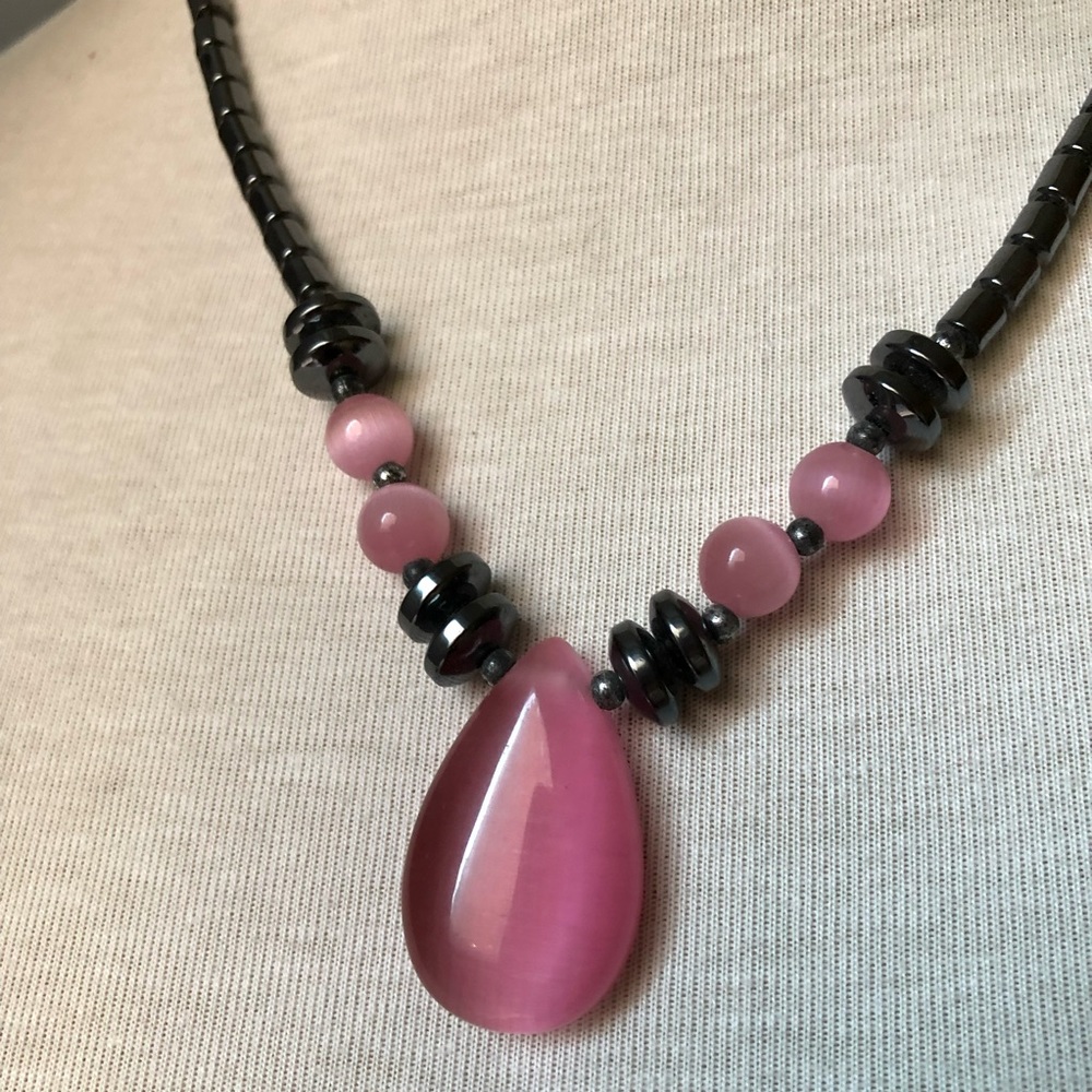 Handmade necklace; hematite & pink tear drop